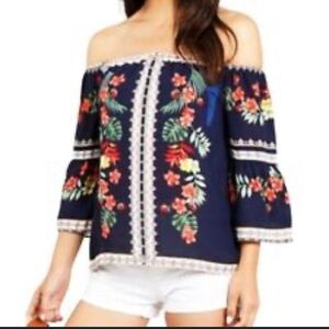 Flower & Feather Floral Chiffon Tunic/Blouse Off Shoulder Size 3XL